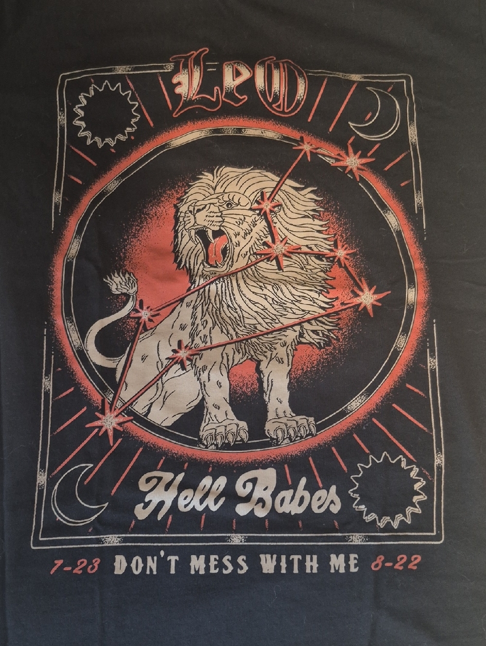 Leo Zodiac Lion Graphic Tee — Black with Red and Cream Art